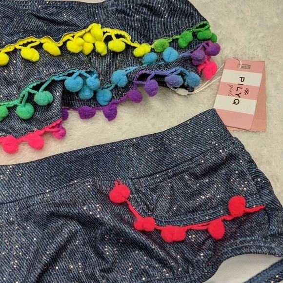 PilyQ Sparkle Denim Pom Pom Ruffle Bikini 16 - Picture 2 of 5